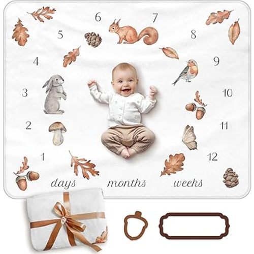 Monthly Baby Milestone Blanket – Woodland Animals & Leaves Design in Brown, White & Beige – Soft Fleece 40"x50" for Boys or Girls – Includes Acorn & Frame Markers, Photo Prop