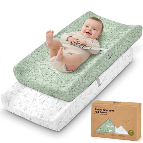 2-Pack Organic Changing Pad Covers for Girl, Boy, Neutral - 100% Cotton Changing Table Pad Cover, Soft Baby Nursery Diaper Changing Pad Sheets, Contour Changing Pads Liners,Change Pad Cover (DinoDood)