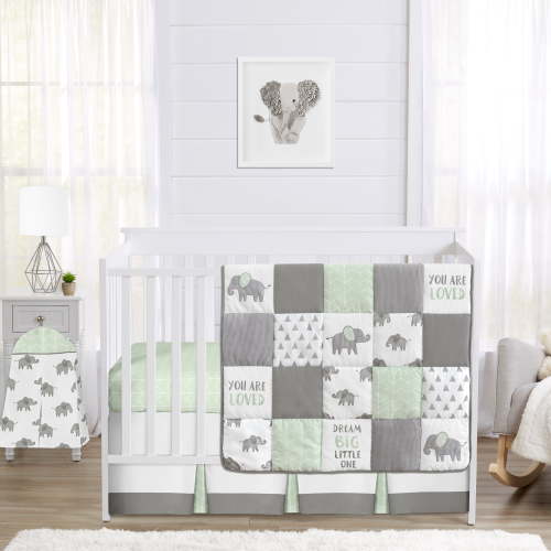 Sweet Jojo Designs Elephant Green, Grey and White 4 Piece Crib Bedding Set