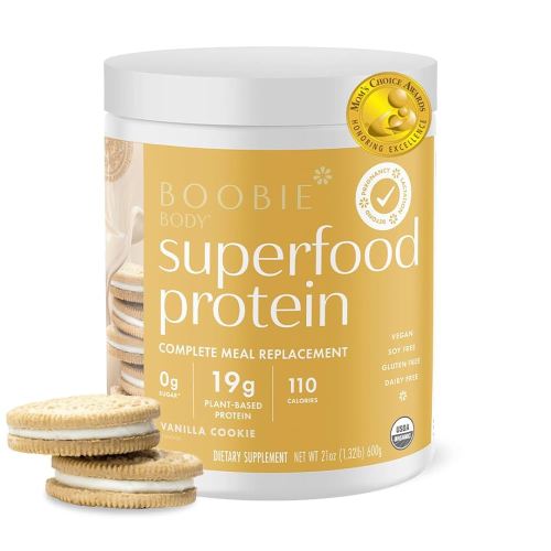Boobie Body Superfood Protein Meal Replacement Shake, Vanilla Cookie Flavor | 19g Protein | Safe For Prenatal, Pregnancy, Lactation, & Motherhood | Organic, Vegan, Zero Sugar, 1 Tub (20 Servings)