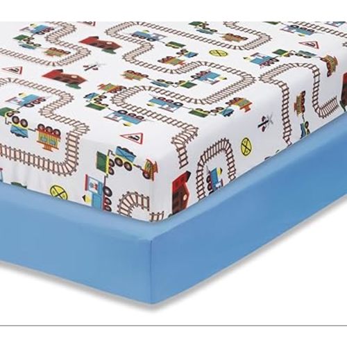 Everyday Kids 2 Pack Fitted Boys Crib Sheet, 100% Soft Breathable Sheet, Fits Standard Size Crib Mattress 28in x 52in, Nursery Sheet - Train/Light Blue