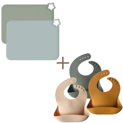 Moonkie Silicone Placemats & Bibs Set | 2 Non-Slip Toddler Placemats + 3 BPA-Free Waterproof Bibs | Soft, Adjustable Feeding Essentials for Babies & Kids (Ether/Sage & Cream/Buck/Olive Green)