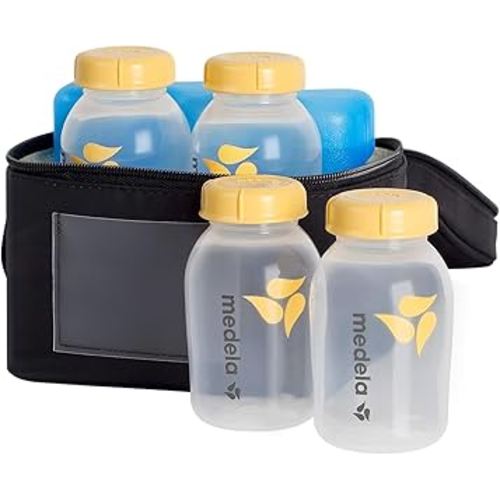 Medela Breast Milk Storage Cooler Bag with Contoured Ice Pack, 4 Bottles and Lids, Convenient Breastmilk Transport