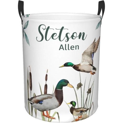 Custom Laundry Basket for Nursery, Personalized Nursery Laundry Hamper with Name, Customize Baby Clothes Circular Hamper for Boys Girls Room Decor, Mallard Duck