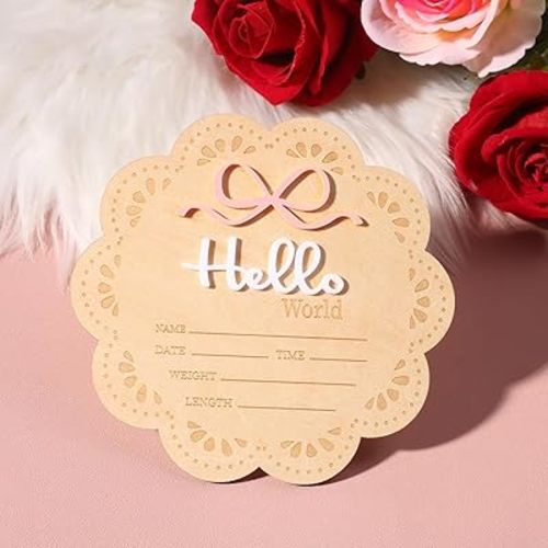 Ylsteed Baby Announcement Sign Wooden Hello World Sign Baby Welcome Sign Baby Name Sign for Hospital Newborn Photography Props Baby Shower Gifts 3D Bow Wooden Baby Birth Sign-Pink