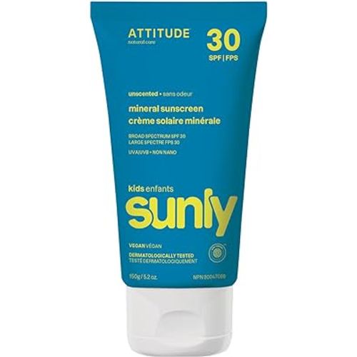 ATTITUDE Mineral Sunscreen for Baby and Kids, EWG Verified, Broad Spectrum UVA/UVB, Dermatologically Tested, Plant and Mineral-Based Formula, Vegan, SPF 30, Unscented, 5.2 Oz
