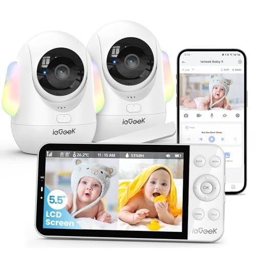 ieGeek 5.5 Split-Screen Baby Monitor,2.5K UHD Baby Monitor with 2 Cameras and Audio,Night Light,Prone Sleeping&Cry Detection,Two-Way Talk,Night Vision,2.4G&5Ghz WiFi App Control,4000mAh Battery