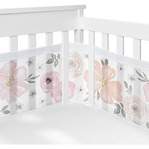 Sweet Jojo Designs + BreathableBaby Blush Pink Grey Boho Floral Girl Breathable Mesh Crib Liner Baby Infant Bohemian Farmhouse Shabby Chic Rose Lily Watercolor Flower Elegant Gray White