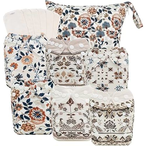 babygoal Boho Newborn Cloth Diapers Pack of 13 for 5-12lbs Preemie, Cloth Diaper Covers 6 Pack with 6pcs Inserts and Wet Bag, Reusable Washable & Waterproof, 6SFG49-SMB-B