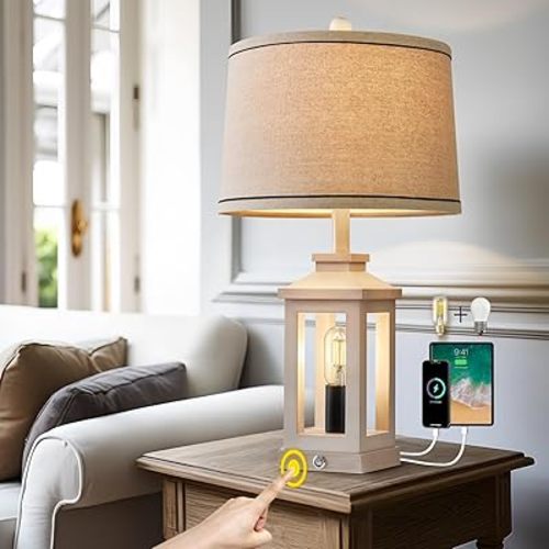 23.75" Retro Farmhouse USB C+A Ports Table Lamp with 3 Way Dimmable Touch Control White Nightlight Vintage Modern Lamp for Living Room Bedroom with 2 Light Sources