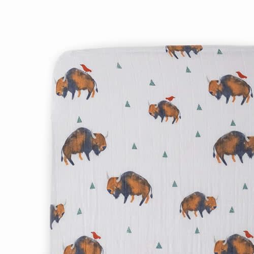 Little Unicorn Bison Fitted Crib Sheet | 100% Cotton Muslin | Super Soft | Sized for Standard Baby Crib & Toddler Mattress | Machine Washable | 52” x 28” x 9”
