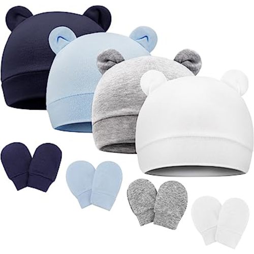 BQUBO Newborn Baby Bear Ears Hats and Mittens Sets Preemie Cotton Caps Baby Boy Girl Infant Hospital Beanie