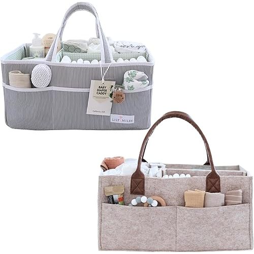 Lily Miles Large Diaper Caddy Organizers for Baby Essentials (Mint Green & Sand Felt)