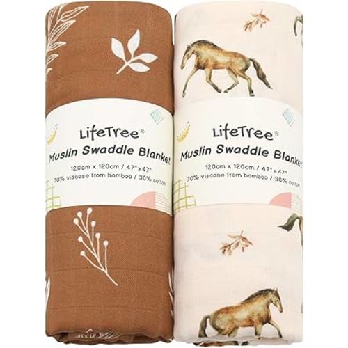 LifeTree Baby Swaddle Blankets, Boys Girls Muslin Swaddling Wrap Receiving Blanket for Newborn, 70% Viscose from Bamboo and 30% Cotton, Large 47" x 47", Horse & Leaf