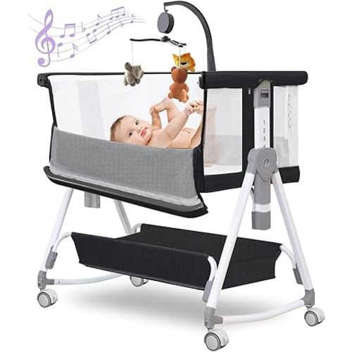 Baby Bassinet,3 in 1 Baby Bassinets Bedside Sleeper with Musical Toy,Bedside Bassinet with Storage Basket and Wheels,7 Height Adjustable Easy Folding Bassinet,Safe Co-Sleeping Crib(Black)