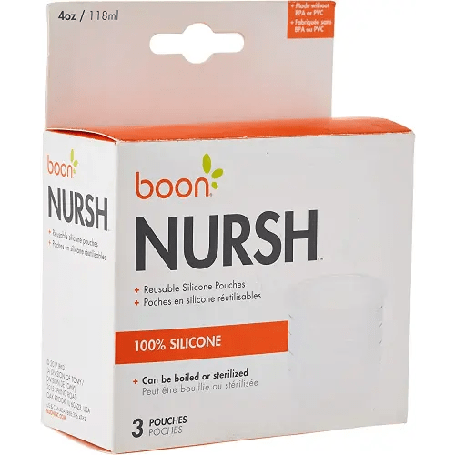 Boon Nursh Reusable Replacement Pouch with Collapsible Silicone Pouch Design - Everyday Baby Essentials - Stage 1 Slow Flow Bottles - Gray - 4 Oz