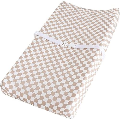 LifeTree Diaper Changing Pad Cover for Boys Girls - Soft Muslin Fitted Changing Table Sheets - 16"x32" Viscose from Bamboo Cotton Blend - Tan Checkered Print