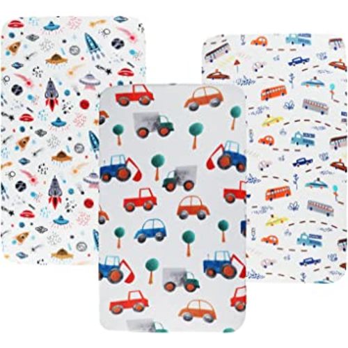 Pack n Play Sheet Stretchy Fitted Portable Mini Crib Sheets Set 3 Pack,Playard Sheets Convertible Playard Mattress Cover,Ultra Soft Jersey Material,Rocket Satellite,Car & Bus