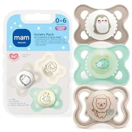 MAM Variety Pack Baby Pacifier, Includes 3 Types of Pacifiers, Nipple Shape Helps Promote Healthy Oral Development,0-6 Months, Unisex, 3 Count (Pack of 1)