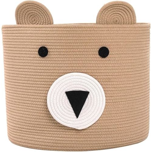 Bear Basket, Animal Basket, Large Cotton Rope Basket, Large Storage Basket, Woven Laundry Hamper, Cloth Storage Bin, for Clothes in Bedroom, Beige, 18"x15"