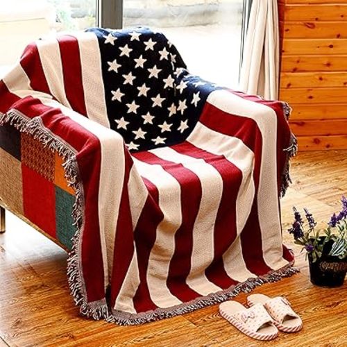 American Flag Throw Blanket Reversible Soft Woven Cotton Thick Large Tassels Rug Vintage USA Military United States Print Knit Tapestry Chair Recliner Loveseat Couch Sofa Cover (Small: 71x51)