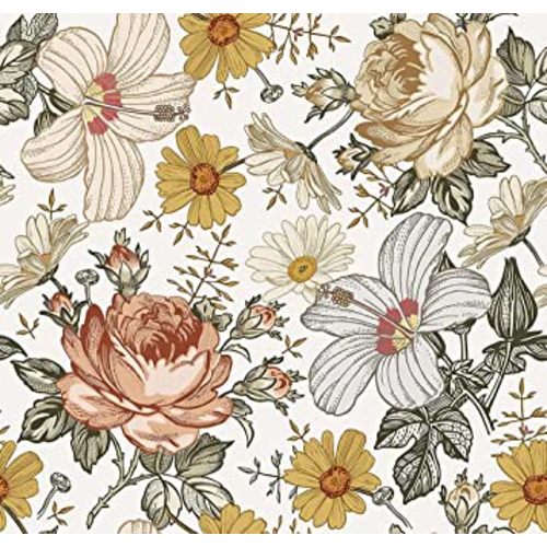Blooming Wall Beige Multicolor Peony Daisy Peel and Stick Wallpaper Self Adhesive Wall Mural Wall Decor, 14.5 Square Ft/Roll