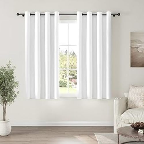 ChrisDowa 100% Blackout Pure White Solid Curtains 63 Inches Long 2 Panels for Bedroom Living Room,Farmhouse Room Darkening Thermal Insulated Soundproof Grommet Top Window Treatment Drapes,52x63
