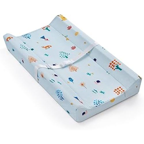 Blissful Diary Baby Changing Pad with Waterproof & Washable Soft Cover, Contoured Changing Table Pads for Dresser with Security Strap and Non-Slip Bottom, Woodland Blue