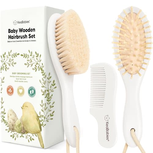 Baby Hair Brush and Comb Set for Newborn - Wooden Baby Hair Brush Set with Soft Goat Bristle, Baby Brush Set for Newborns, Baby Brush and Comb Set Girl, Boy, Toddler Cradle Cap Brush (Oval, Vanilla)