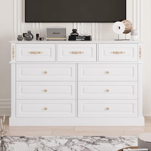 Bobve 63Wx39H Large Dresser White,9 Drawers Dresser for Bedroom,Retro Chest of Drawers with Gold Knobs, Wooden Storage Dressers, Bedroom Storage Organizer for Closet, Living Room, Hallway