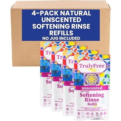Truly Free Unscented Softening Rinse, Natural Fabric Softener - Plant-Based, Non-Toxic, Safe for Babies & Kids, 200 Loads (w/o Jug)