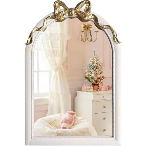 iyabat 36x24 Arched White Bow Wall Mirror with Gold Ribbon, Vintage Vanity Mirror for Bedroom & Nursery Decor, Cute Coquette Aesthetic Engineered Wood Frame, Shabby Chic Style
