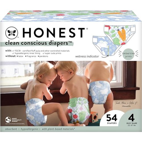 The Honest Company Clean Conscious Diapers | Plant-Based, Sustainable | Spring '24 Limited Edition Prints | Club Box, Size 4 (22-37 lbs), 54 Count - Size 4 (54 Count)