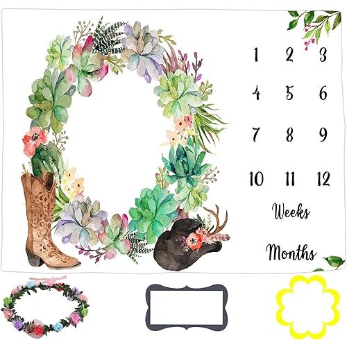 Baby Age Blanket, Colorful Floral Wreath Western Cowgirl Month Baby Milestone Blanket for Girls, 60x40 Inch Baby Swaddling Blanket Growth Chart Blanket BTLSLY149