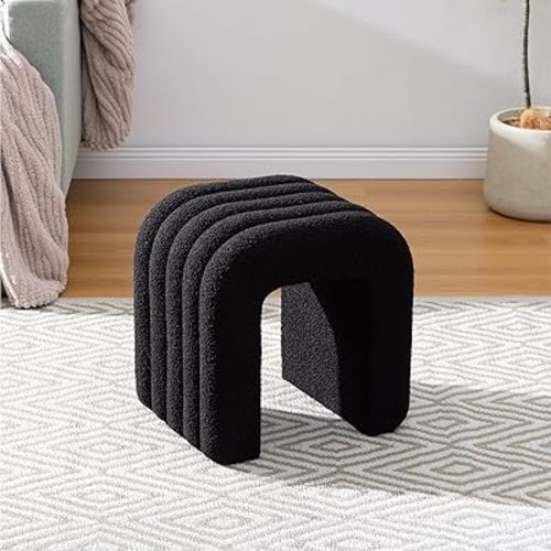 Navaris Boucle Ottoman - Chic and Versatile Foot Stool - Sturdy and Comfortable Dressing Table Chair - Living Room Furniture and Nursery Decor - Black