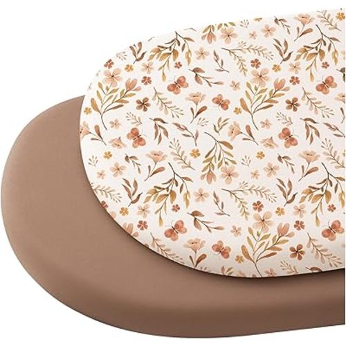 Konssy 2 Pack Stretchy Bassinet Sheets for Baby Girl Boy, Soft Breathable Baby Bassinet Mattress Sheets Fit for Hourglass Oval Cradle, Moses Basket Rectangle Mattress (Autumn Bloom,Clay)