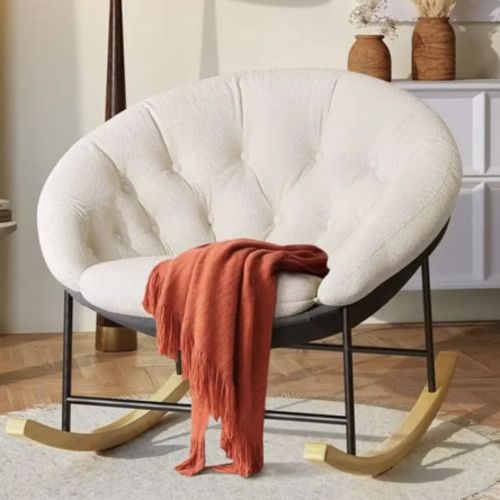 Kidirect Rocking Chair Nursery, Modern Upholstered Nursery Rocking Chairs with Cozy Cushion, Comfy Nursery Rocker & Large Round Saucer Sofa Chair for Reading, Suitable for Living Room/Bedroom (Beige)