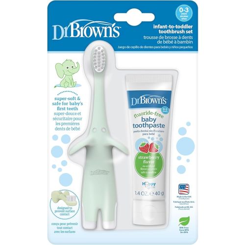 Dr. Brown's Infant-to-Toddler Training Toothbrush Set, Mint Elephant with Fluoride-Free Strawberry Baby Toothpaste, 0-3 Years (Styles May Vary)