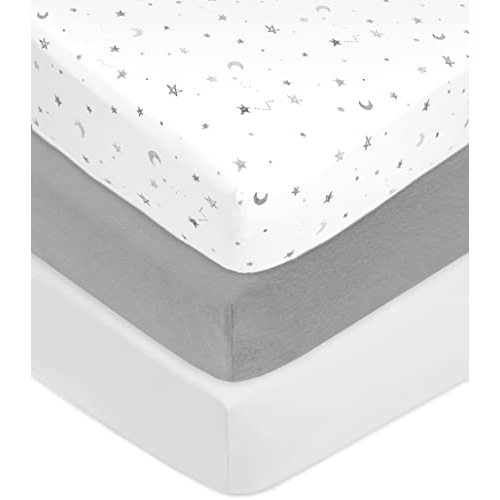 American Baby Company 3 Pack Fitted Crib Sheets 28" x 52", Soft Breathable Neutral 100% Cotton Jersey Sheet, Gray Stars/Gray/White, for Boys and Girls, Fits Crib and Toddler Bed mattresses