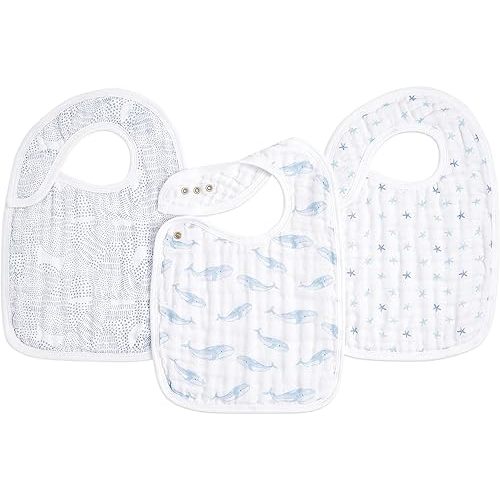 aden + anais 100% Cotton Muslin Snap Bib – Super Absorbent, Soft 3-Layer Baby Bib for Boys & Girls with Adjustable Snap-Closure for Teething, Eating, Drooling, 3-Pack, Oceanic