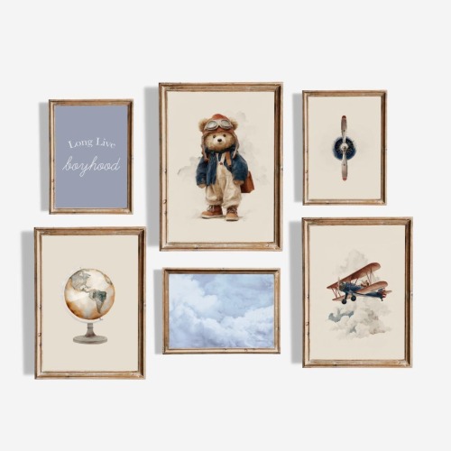 Aviator Teddy Bear Wall Art Set of 6 | Boys Nursery Airplane Digital Download Prints