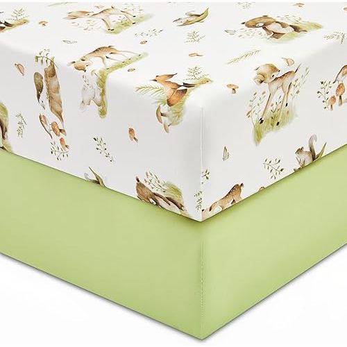 TILLYOU Fitted Crib Sheet Set - Super Soft Toddler Bed Sheets for Standard Crib and Toddler Mattresses, Premium Cozy Nursery Bedding Sheet, 28"x52"x5", Playing in The Woods and Green