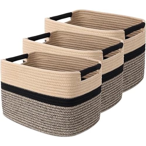 3 Pack Woven Rope Storage Baskets – Medium 13"x9.8"x9" Rectangular Cube Organizer Bin Set with Handles for Kids Room, Nursery, Bathroom, Closet – Decorative Boho Style – Black & Jute