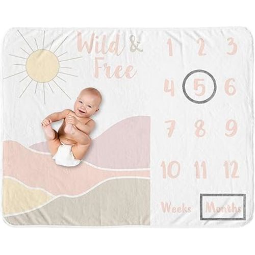 Sweet Jojo Designs Boho Desert Sun Girl Milestone Blanket Monthly Newborn First Year Growth Mat Baby Shower Memory Keepsake Gift Picture - Blush Pink Mauve Gold Taupe Bohemian Watercolor Mountains