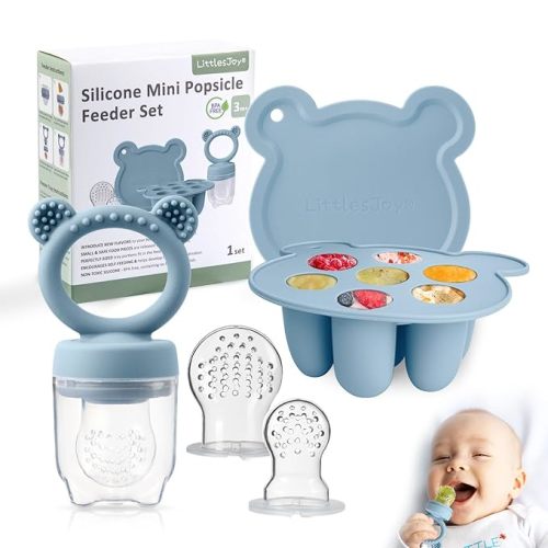 Silicone Baby Fruit Feeder & Freezer Tray Set, Silicone Baby Fruit Food Feeder for Safe Infant Self Feeding, BPA Free Teething Relief for 3 Month+, Additional Silicone Pouches (Ether)