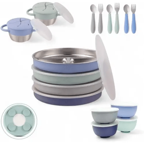 Elk and Friends Kids Stainless Steel Mealtime Bundle | Plates, Bowls, Snack Cups + Toddler Utensils | Silicone Suction Sleeves + Travel Storage Lids | Meals + Snacks | Dishwasher Safe
