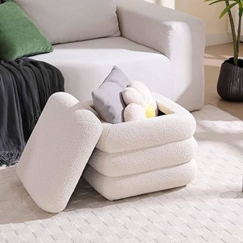 Flouki Storage Ottoman Cube, Storage Foot Stool, Cube Foot Stools, Sherpa Ottoman, 18 Inch H, Set of 1, Off-White