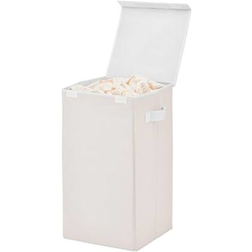 mDesign Large Upright Laundry Hamper Basket with Hinge Lid and Attached Handles - Foldable for Compact Storage in Bedroom, Bathroom, Laundry Room, Apartment, Dorm - Jane Collection - Cream/White