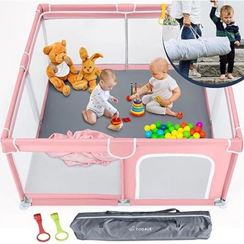 TODALE Baby Playpen 50”×50” Pink Playpen for Babies and Toddlers, Safe & Sturdy, Small Baby Play Yard with Anti-Slip Base & Breathable Mesh- Indoor & Outdoor Baby Play Pen for Toddler & Infant