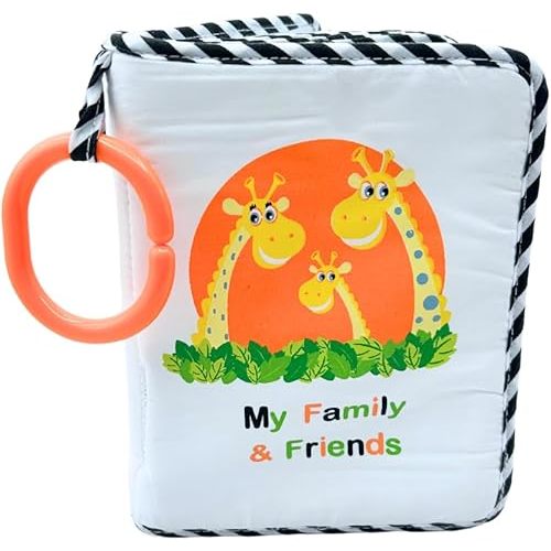 My First Photo Album for Baby with Adorable Giraffe Family, Soft Fabric Cover, Holds 15 Photos, Wipeable Pages, Baby Safe Mirror by Genius Baby Toys